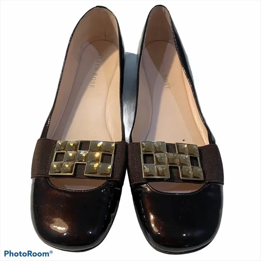 Taryn Rose Womens Low Heel Black Patent Leather Flat bling front Size 6.5